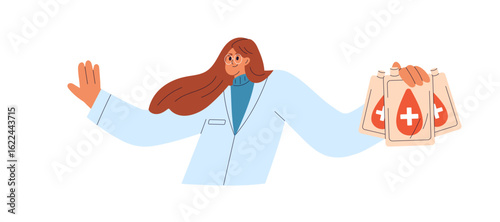 Doctor from blood donation service, holding bag, pouches from donors. Medic, nurse from transfusion clinic, with medical humanitarian aid in hand. Flat vector illustration isolated on white background