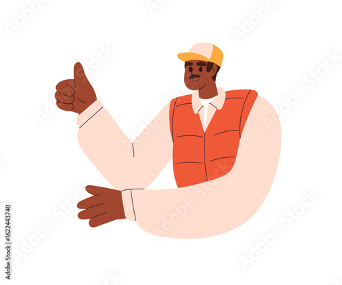 Man showing thumb up gesture. Happy confident male with thumbup, ok, like and approval sign, okay signal for agreement, acceptance and support. Flat vector illustration isolated on white background