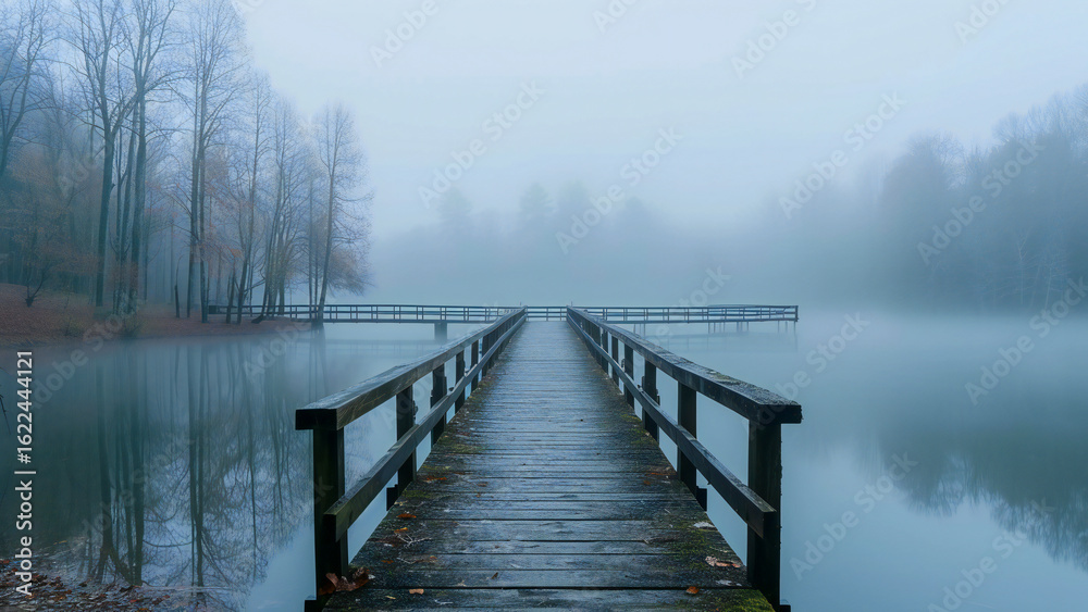 Fototapeta premium A misty morning over the lake with an old wooden bridge