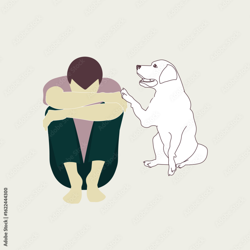 Obraz premium A depressed man sits alone dog sympathizes with its owner, helps relieve stress and cope with depression. Boy embracing his knees, moment of despair. Self-flagellation, paranoia anxiety fears mental h