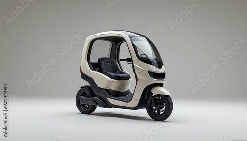 A compact, futuristic three-wheeled electric vehicle with a closed cabin and sleek design, suitable for urban commuting.