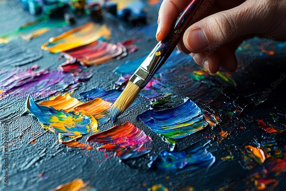 Fototapeta premium The Artistic Process: A Close-Up of a Painter's Hand Bringing Colorful Brush Strokes to Life on Canvas