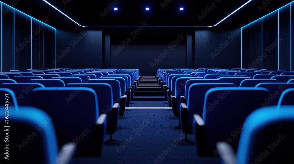 Fototapeta premium Modern empty cinema hall with blue seating and ambient lighting