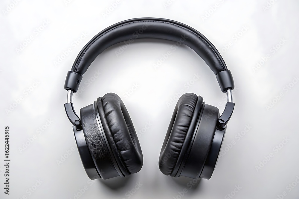 Top view of black over ear headphones on a white background Top view of black over ear headphones on a white background