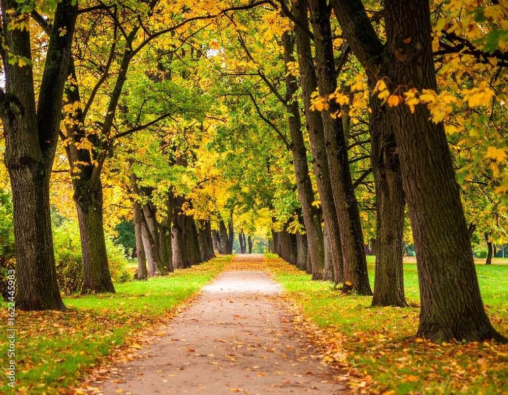 Naklejka premium Auntum park alley with tall trees and vibrant orange foliage, fallen leaves covering the pathway, serene and atmospheric fall landscape