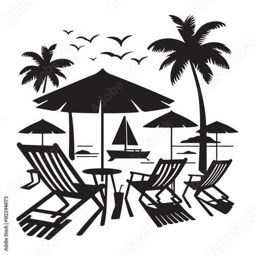 Beach Chairs and Umbrellas Vector Silhouette