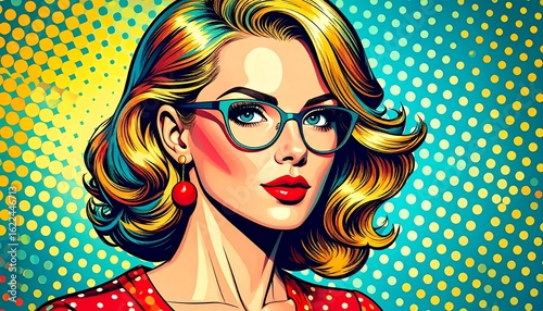 Stylized pop-art portrait of a young woman with vibrant background and dotted pattern, retro comic style