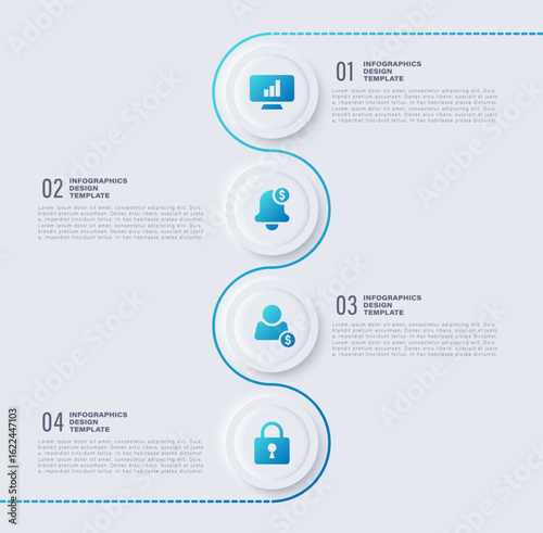 Modern vertical infographic design template with neumorphism style. Four steps process infographic layout, flow chart or instruction
