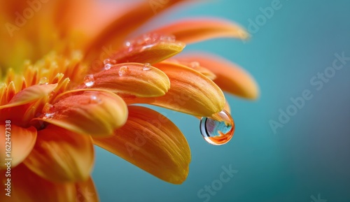 Close-up of an orange gerbera daisy with a dewdrop