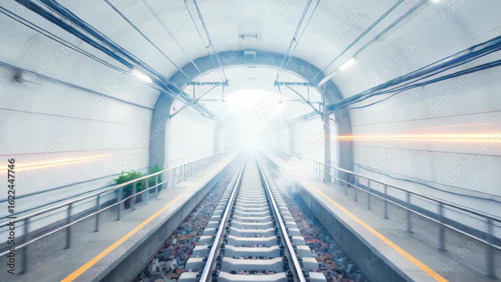 Futuristic rail tunnel animation, fast push forward, luminous tracks Futuristic rail tunnel animation, fast push forward, luminous tracks