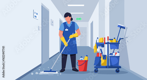 Professional janitorial service concept. A female cleaner in uniform mopping the floor of a building corridor with a supply cart. Vector illustration.