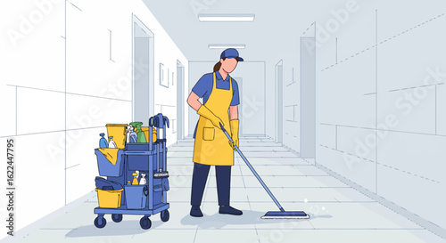 Female cleaner in uniform with a janitorial cart mopping an office corridor. Professional cleaning service concept vector illustration.
