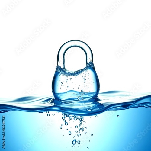 The waterproof lock is seen partially submerged in clear water. Water is splashing around the lock. The lock