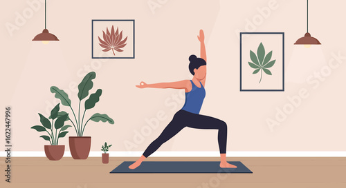 A woman practicing yoga in the warrior pose at home. An illustration representing a healthy lifestyle, mindfulness, and home workout.