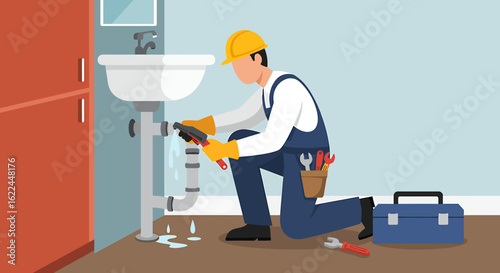 Skilled plumber character in uniform fixing a leaky pipe under a bathroom sink. Professional home repair and maintenance service concept vector.