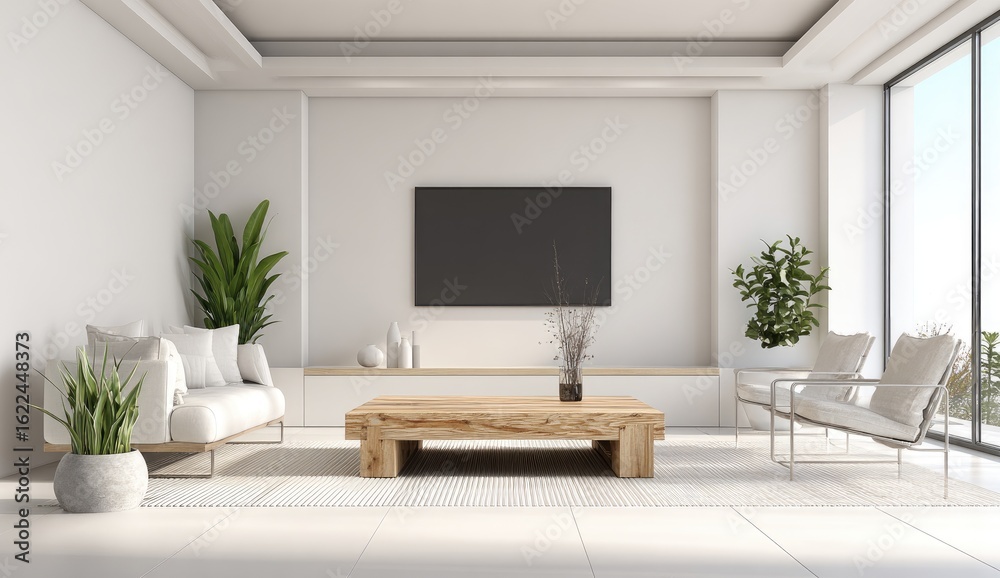 Fototapeta premium Modern minimalist living room with large window