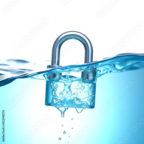 The waterproof lock is seen partially submerged in clear water. Water is splashing around the lock. The lock