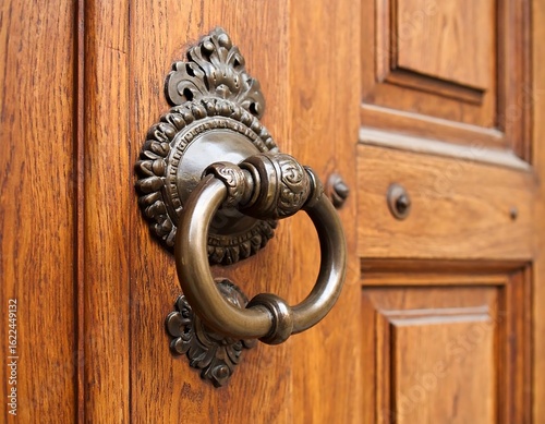 Elaborate metal door handle, mounted on a warm wooden textured surface, showcasing craftsmanship
