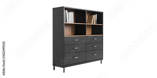 Wooden storage cabinet with drawers and shelves