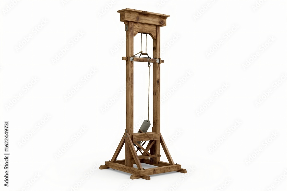 Naklejka premium Wooden guillotine isolated, historical execution device, white background, 3D render, history lesson
