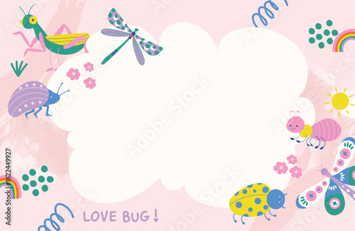 Cartoon Insect Frame with Pink Background and Rainbow Elements. Cute and vibrant bug-themed layout with plenty of copy space. Suited for greeting cards, classroom materials, or invitation templates.