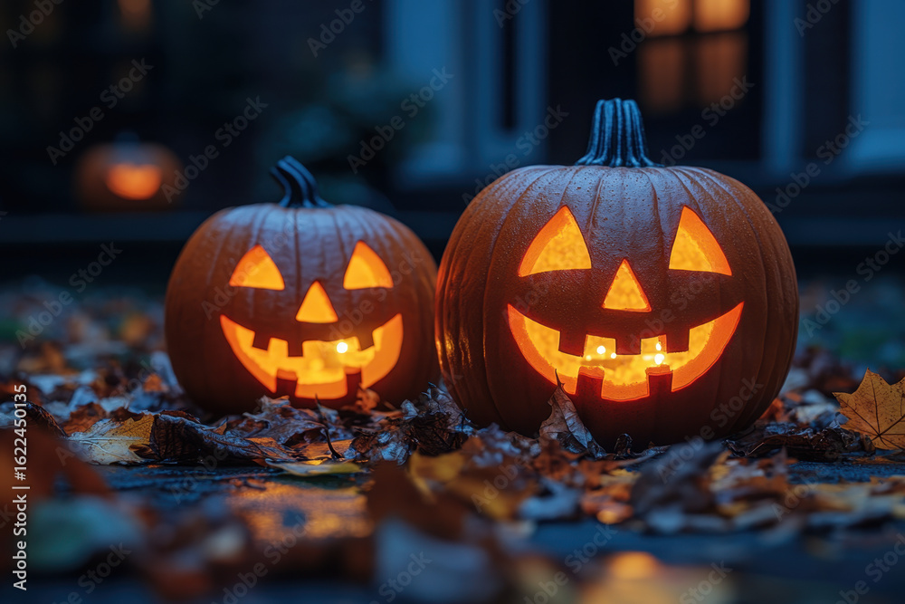 Fototapeta premium carved pumpkins with glowing faces.