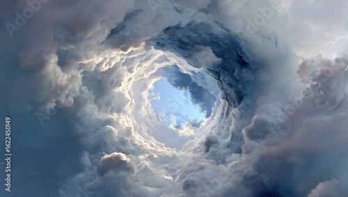 Fototapeta Naklejka Na Ścianę i Meble -  Whirlwind of clouds, a tunnel to a bright sky