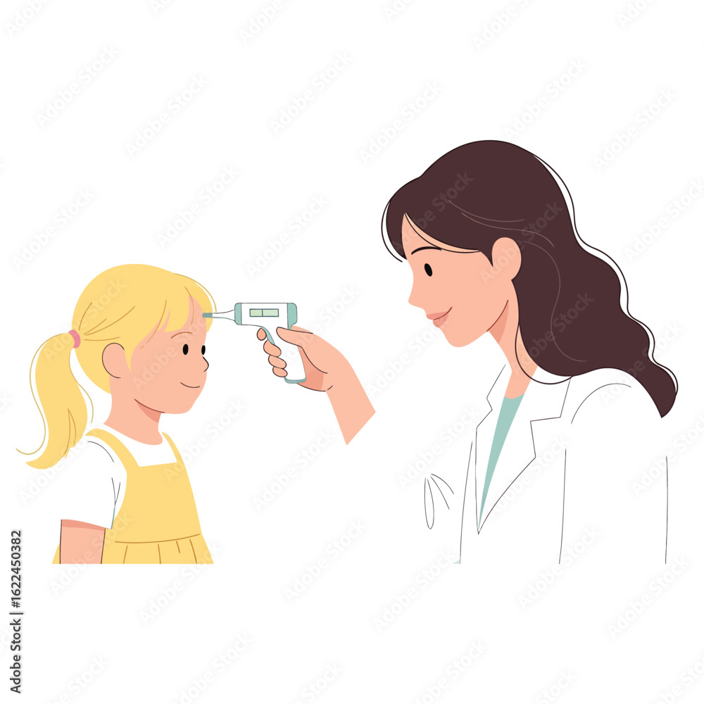 Caring female doctor checks a young girl's temperature with a forehead thermometer Caring female doctor checks a young girl's temperature with a forehead thermometer
