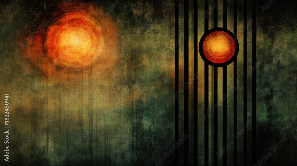 Fototapeta premium Dark, textured landscape with a sun and a barred circle