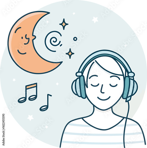 Listening to music: Illustration of a person peacefully listening to music, under a smiling moon. An artistic representation of serenity and tranquility, with musical notes adding rhythm.