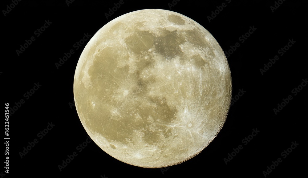 Naklejka premium Full moon, pale yellowish-tan, detailed craters