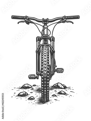 Detailed Hand Drawn Mountain Bike Front View on Rocky Terrain Illustration
