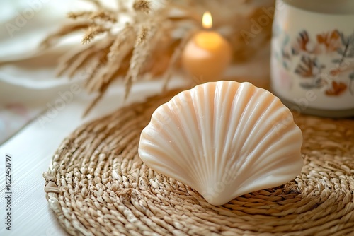 A shell-shaped soy candle in light beige wax styled on a rattan mat with minimal beach-themed decor 