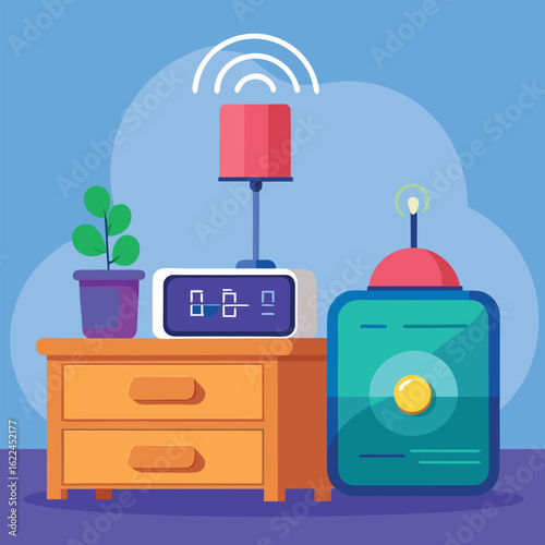 Smart alarm clock with plant and speaker on wooden nightstand smart speaker bedside table