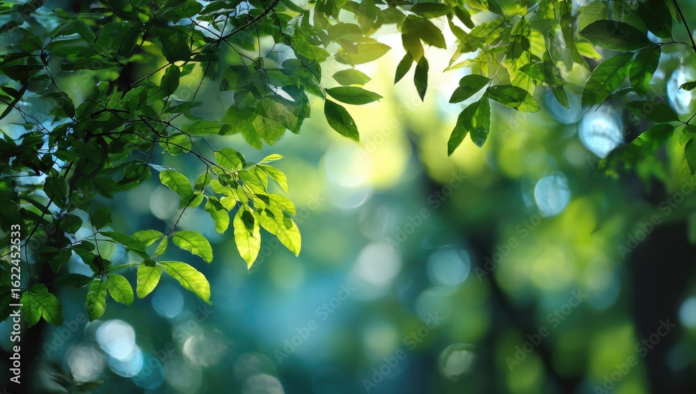Fototapeta premium Lush green leaves frame a sunlit forest scene