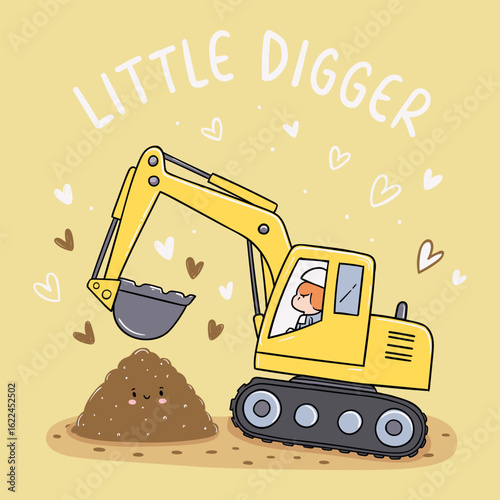 Cheerful Hand drawn Excavator Digger with Driver and Soil Pile Illustration