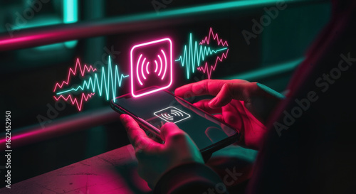 Man holding smartphone with glowing holographic hotspot above device. 