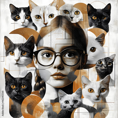 Girl surrounded by cats with glasses. Woman connection with cats concept

