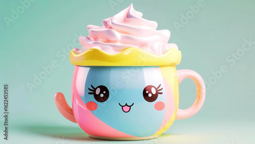 Cute Pastel Cup with Cream: An adorable pastel-colored cup overflowing with fluffy cream, radiating joy and playfulness, perfect for injecting a touch of whimsy into your designs.