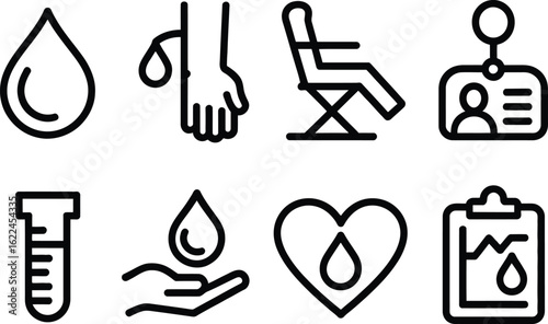 Blood Donation Icon Set Outline Style Drop, Arm, Chair, ID, Test Tube, Heart, Clip
