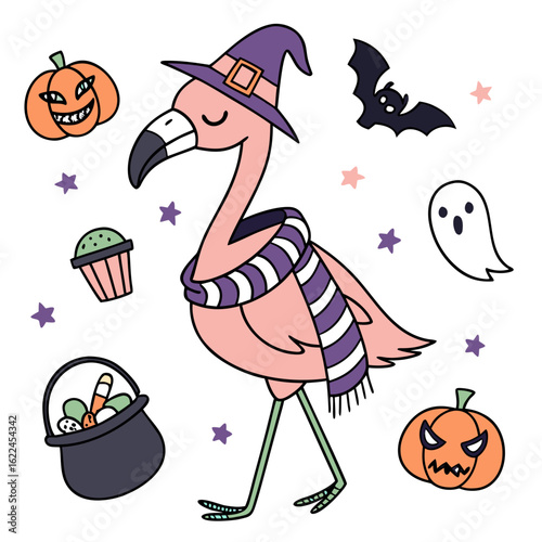 SVG art: A Peaceful Flamingo in a Halloween vibe with wearing a bowtie, tinted with Spooky Fun tones