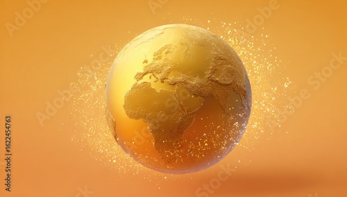 Golden Earth sphere on a soft orange background