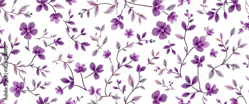 Delicate purple & gray floral pattern on white, stylized leaves & branches, seamless textile design, leaves, aesthetic