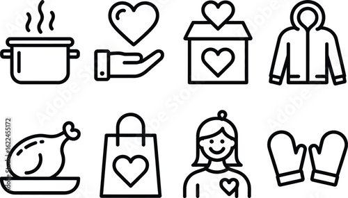 Donation Icons Set Soup, Heart, Box, Jacket, Chicken, Bag, Girl, Gloves Outline