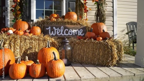 Festive autumn porch decor with pumpkins and hay bales, featuring a 