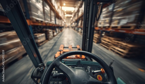Forklift inside warehouse, motion blur