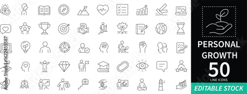 Personal Growth icon set with editable stroke vector illustrations. Includes icons for career growth, coaching, mindset, development, and strategy. Ideal for self-improvement and professional projects