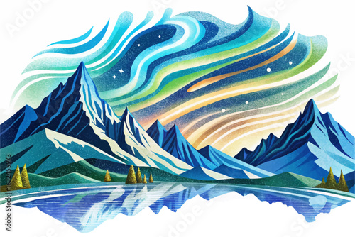 Breathtaking Arctic landscape with northern lights shimmering above snowy mountain peaks and frozen lakes, capturing the magic and beauty of the polar night sky