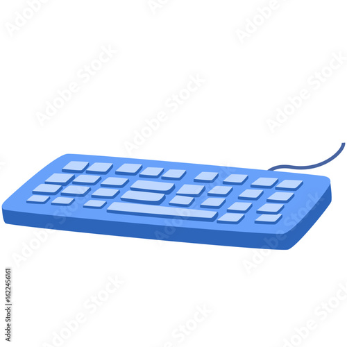 Flat blue wired keyboard illustration with full key layout and cord, perfect for technology and computing concepts.