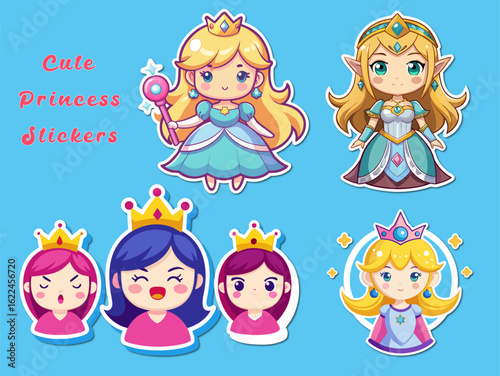 Collection of Cute Cartoon Princess Stickers with Crowns and Magic Wands on a Light Blue Background This